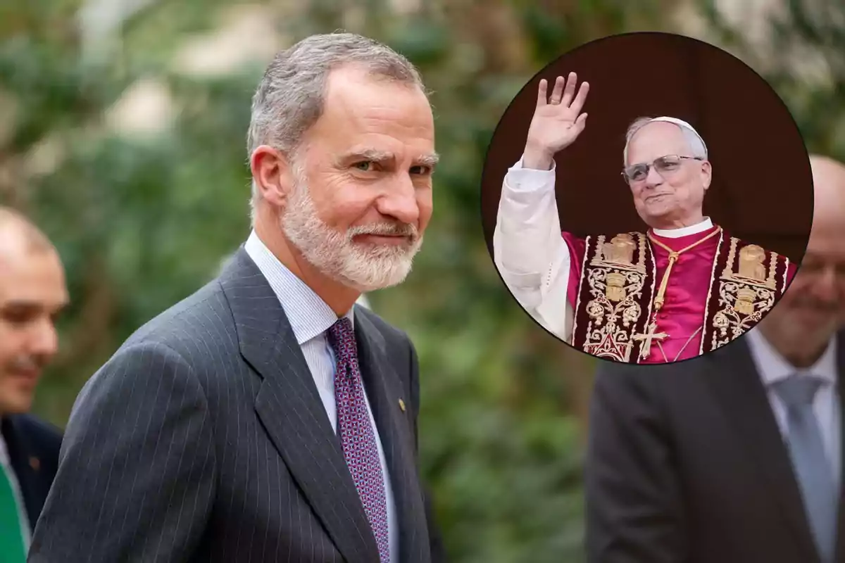 A bearded man in a suit smiles as he walks, and in a circular frame, a clergyman is shown waving with his hand raised.