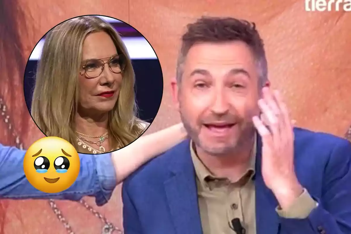 Frank Blanco hablando en un programa de televisión con una imagen de Belén Rodríguez en un círculo superpuesto y un emoji emocionado en la esquina.