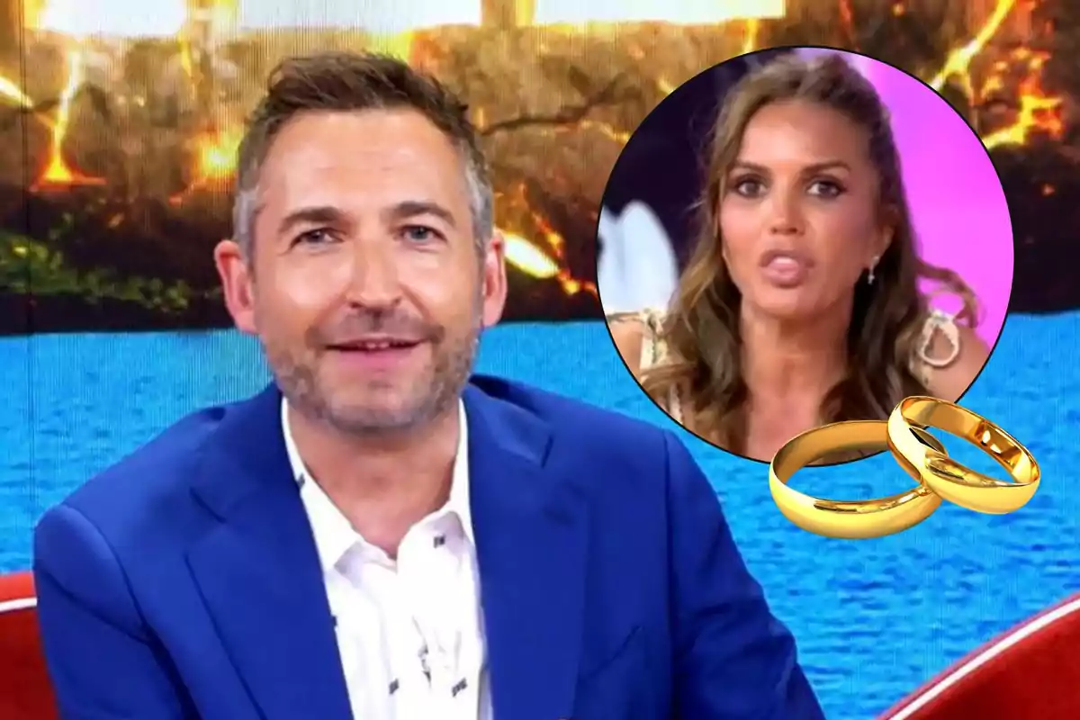 Frank Blanco con saco azul sonríe en un set de televisión mientras en un círculo aparece el rostro de Marta López y dos anillos dorados.