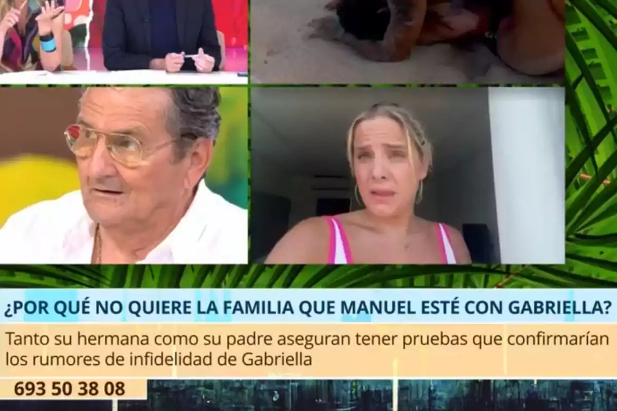 Un programa de televisión muestra a varias personas en un collage de imágenes, con un texto en la parte inferior que pregunta por qué la familia no quiere que Manuel esté con Gabriella, mencionando rumores de infidelidad. Un programa de televisión muestra a varias personas en un collage de imágenes, con un texto en la parte inferior que pregunta por qué la familia no quiere que Manuel esté con Gabriella, mencionando rumores de infidelidad.