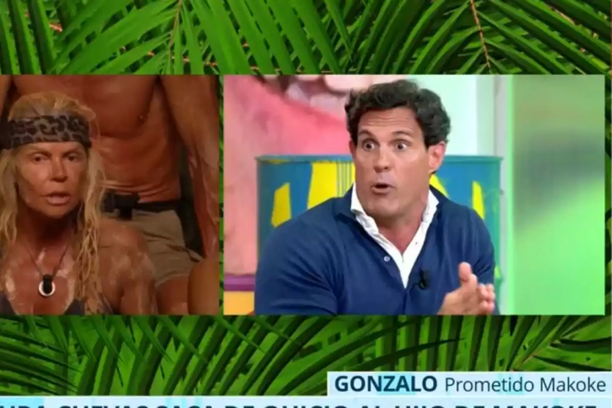 Makoke y Gonzalo aparecen en un programa de televisión, Makoke en un entorno selvático y Gonzalo en un estudio, con una expresión de sorpresa. Makoke y Gonzalo aparecen en un programa de televisión, Makoke en un entorno selvático y Gonzalo en un estudio, con una expresión de sorpresa.