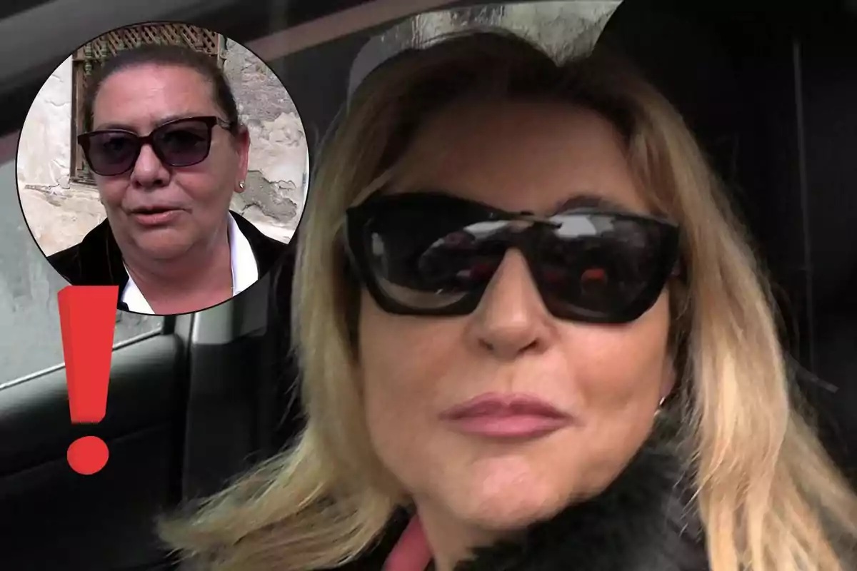 Inmaculada Casal con gafas de sol está en un coche, mientras que en un recuadro se muestra a María del Monte con gafas y un signo de exclamación rojo.