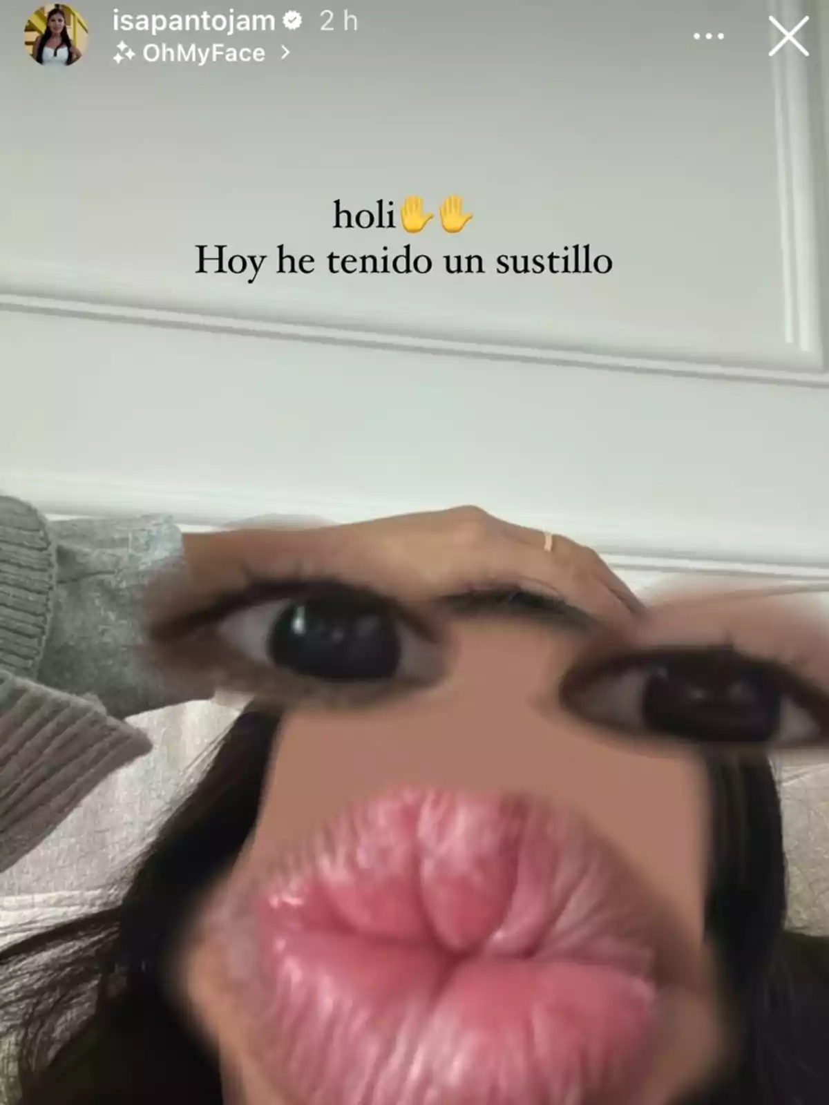 A person with a filter that enlarges their eyes and lips, with a text that says A person with a filter that enlarges their eyes and lips, with a text that says