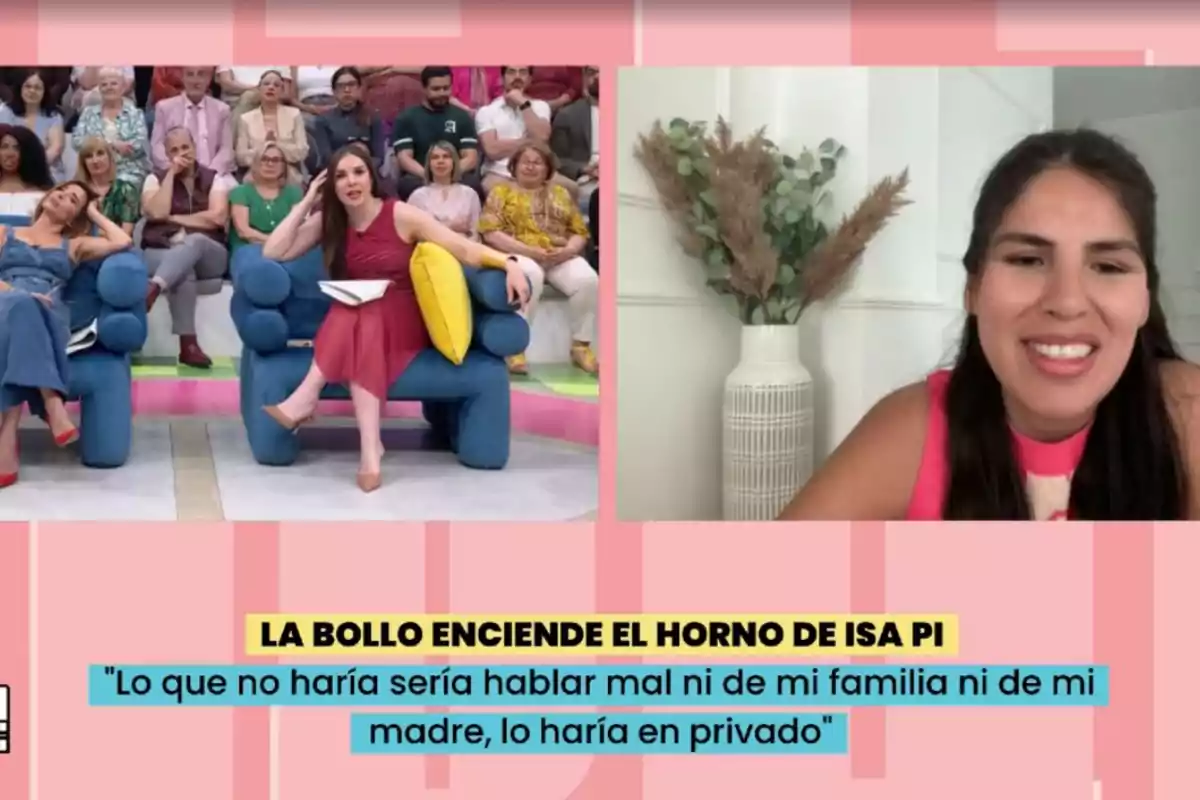 Un programa de televisión con público en el estudio y dos presentadoras sentadas en sillones azules mientras Isa Pantoja sonríe en una videollamada, acompañado de un titular y una cita en la parte inferior de la imagen. Un programa de televisión con público en el estudio y dos presentadoras sentadas en sillones azules mientras Isa Pantoja sonríe en una videollamada, acompañado de un titular y una cita en la parte inferior de la imagen.