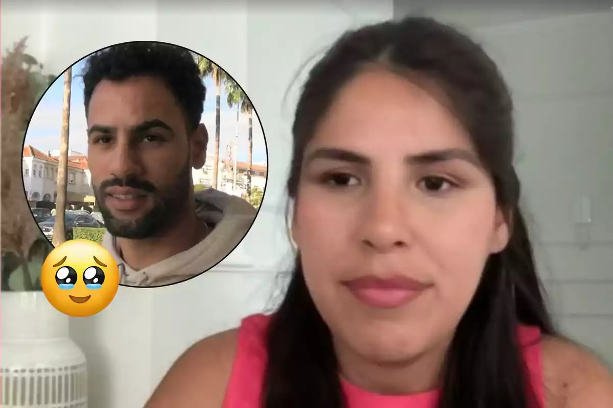 Isa Pantoja de cabello largo y oscuro con blusa rosa en primer plano, al fondo aparece un círculo con la imagen de Asraf Beno y un emoji de carita con ojos brillosos