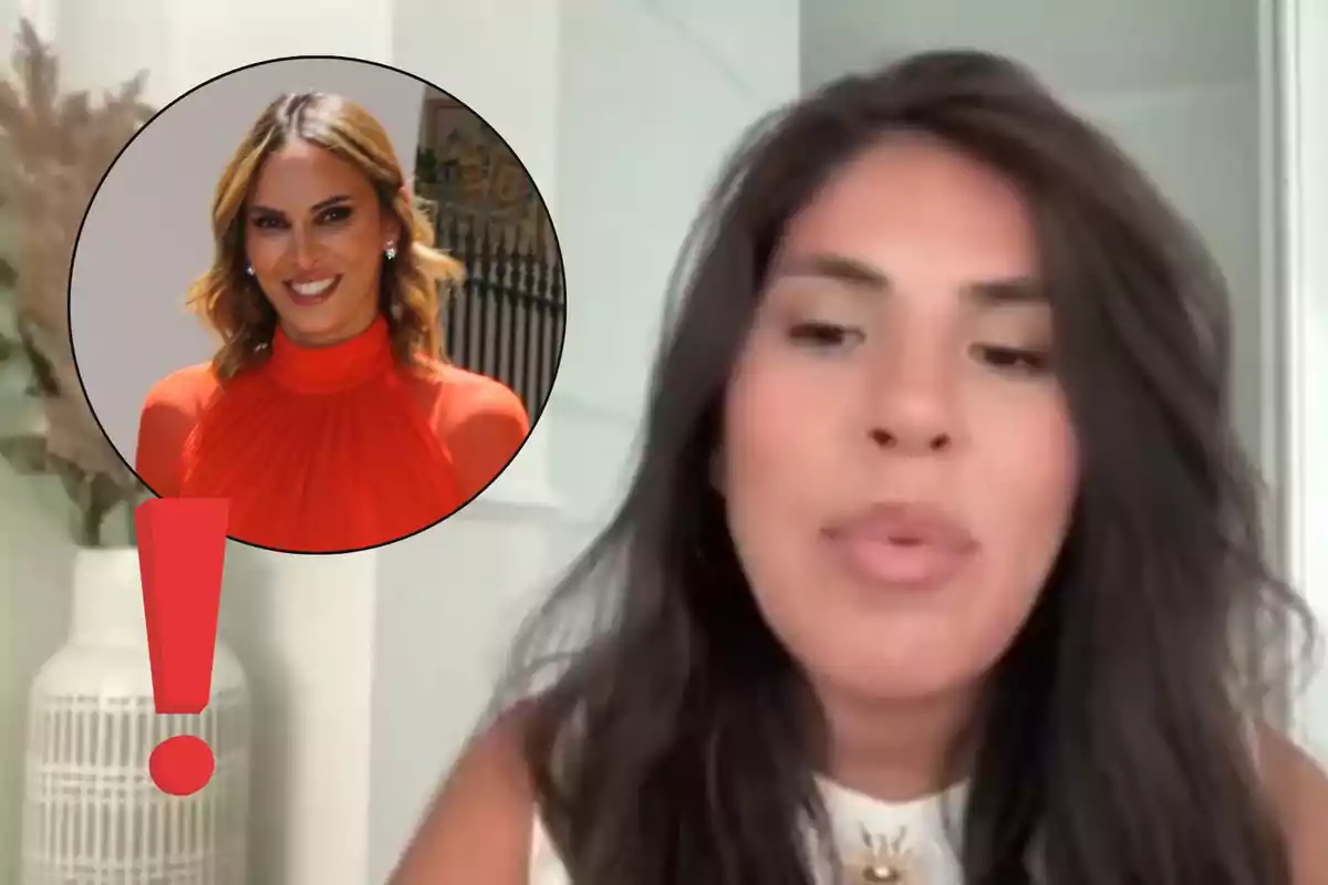 Isa Pantoja de cabello oscuro hablando frente a la cámara con un círculo que muestra a Irene Rosales sonriendo y un signo de exclamación rojo