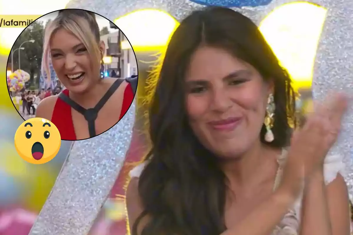 Isa Pantoja sonríe mientras aplaude, con un recuadro que muestra a Marta Riesco riendo y un emoji sorprendido.