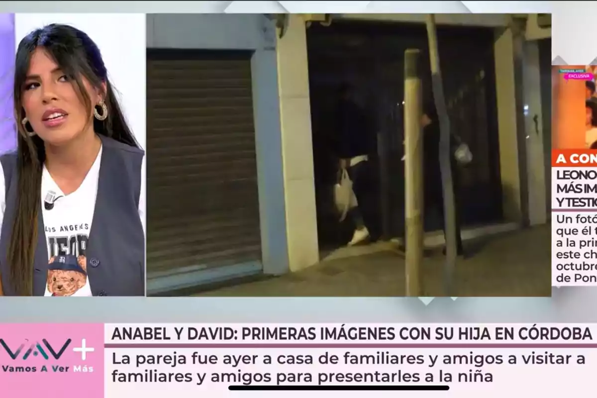 A woman on a television program next to an image of a person entering a building, with text on screen about Anabel and David visiting family and friends in Córdoba.