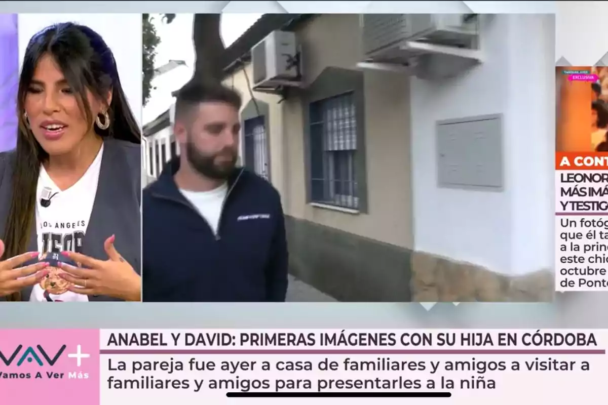 A woman speaking on a television show next to the image of a man walking down the street, with text at the bottom mentioning Anabel and David and their visit to family in Córdoba.