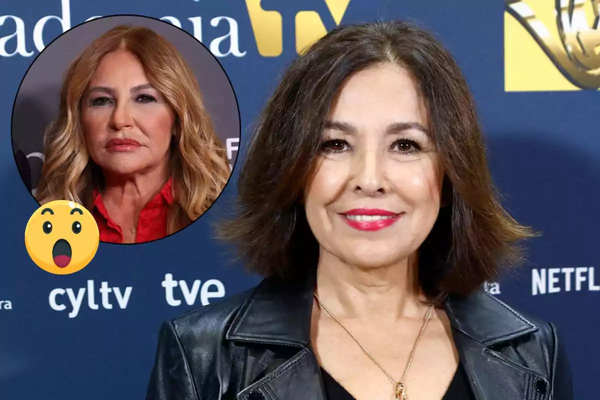 Isabel Gemio sonriente con cabello oscuro y chaqueta de cuero posa frente a un fondo azul con logotipos de televisión. En un círculo superpuesto, se muestra a Cristina Tárrega con cabello rubio y expresión seria, junto a un emoji sorprendido.