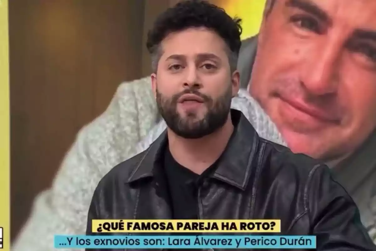 Javi de Hoyos con chaqueta de cuero habla frente a una pantalla que muestra una imagen de fondo borrosa, con un texto en la parte inferior que pregunta sobre una famosa pareja que ha roto. Javi de Hoyos con chaqueta de cuero habla frente a una pantalla que muestra una imagen de fondo borrosa, con un texto en la parte inferior que pregunta sobre una famosa pareja que ha roto.