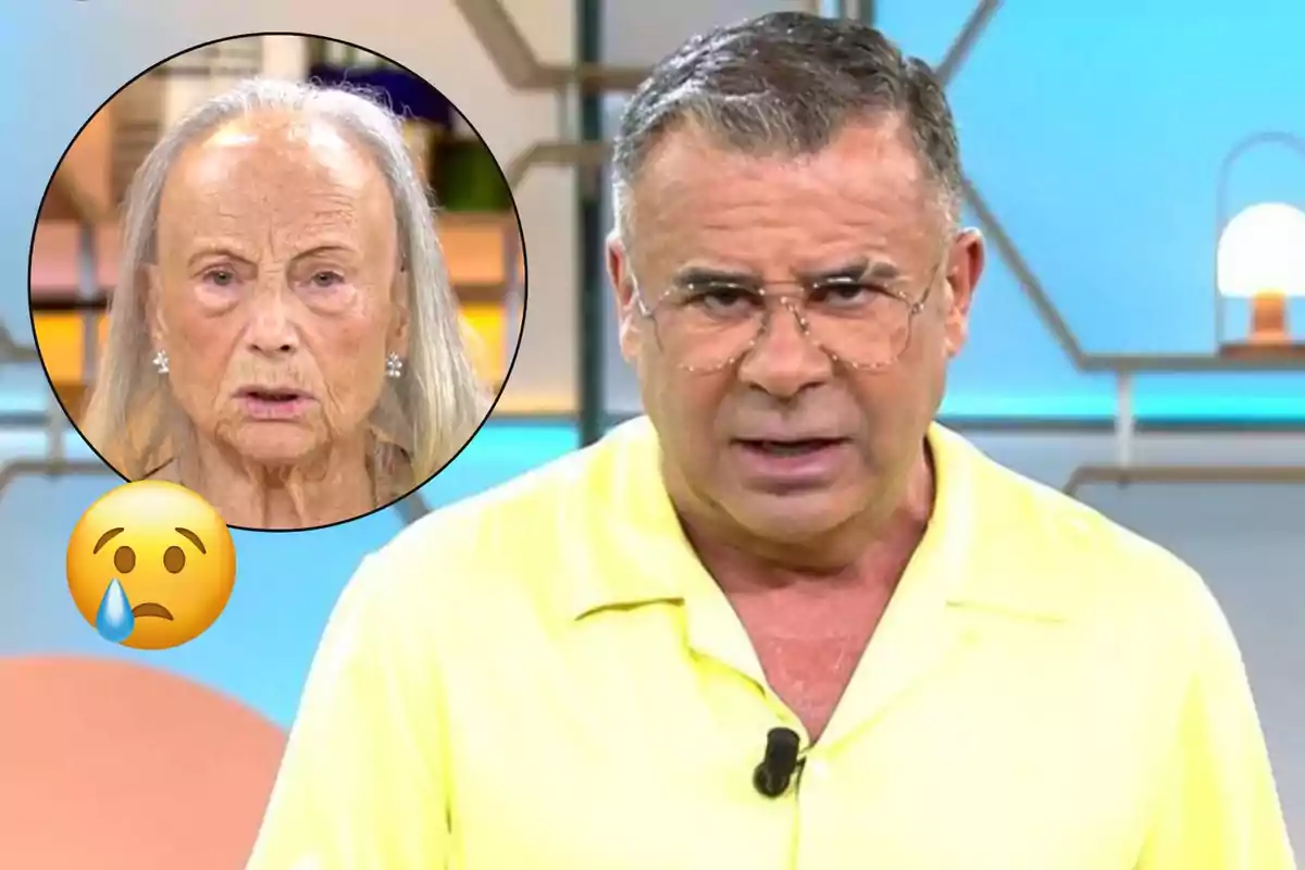 Jorge Javier Vázquez con camisa amarilla y gafas habla en un set de televisión mientras en un círculo se muestra el rostro de una mujer mayor con expresión seria y un emoji triste.