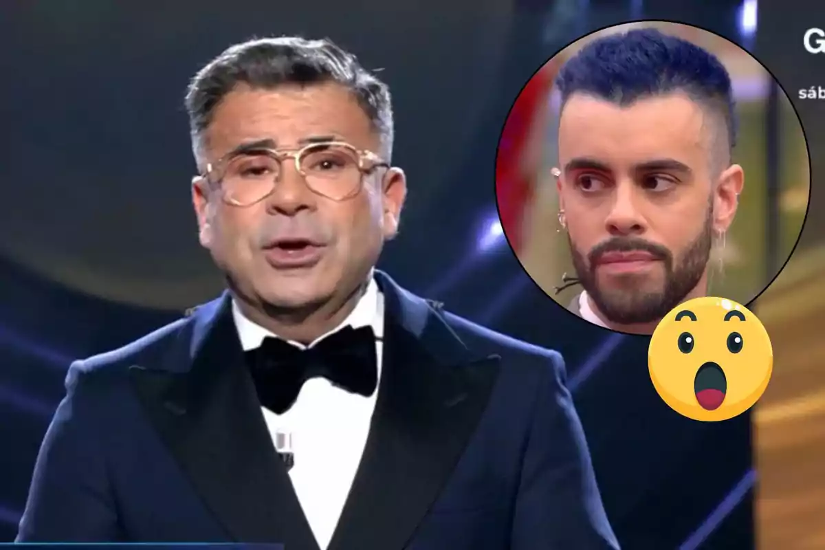 Jorge Javier Vázquez con gafas y esmoquin habla mientras se muestra un recuadro con la imagen de Edi con cabello azul y expresión seria junto a un emoji sorprendido.