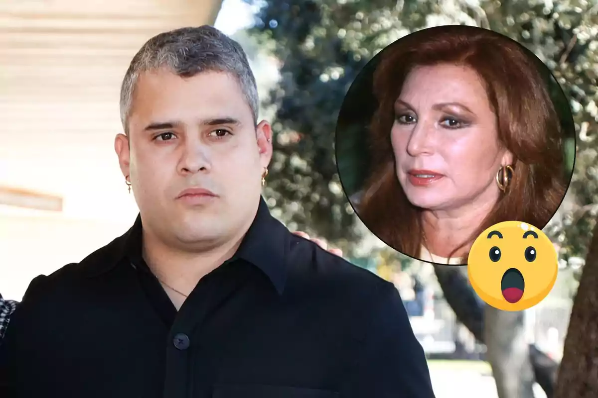 José Fernando Ortega de cabello corto y canoso con expresión seria, al fondo un círculo muestra el rostro de Rocío Jurado pelirroja y un emoji de sorpresa.
