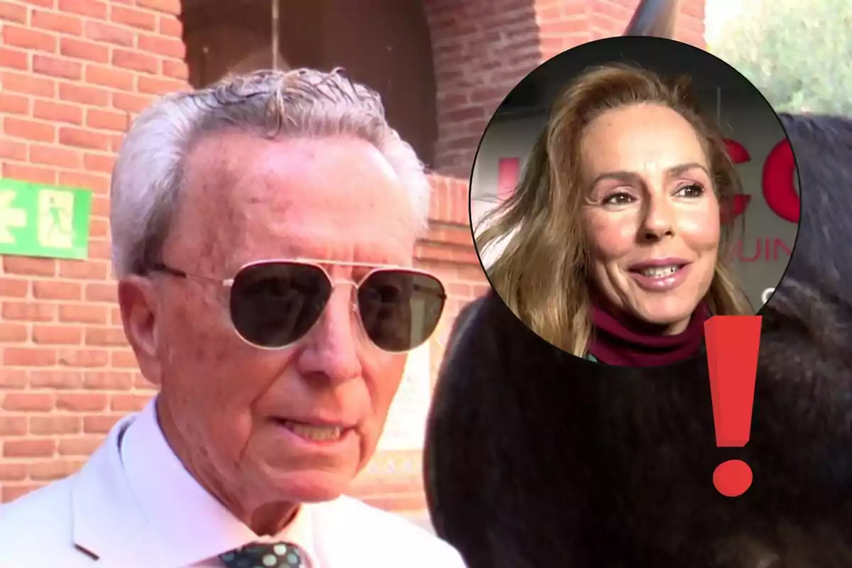 José Ortega Cano con gafas de sol y traje claro frente a una pared de ladrillo, con un círculo que muestra el rostro de Rocío Carrasco sonriente y un signo de exclamación rojo.