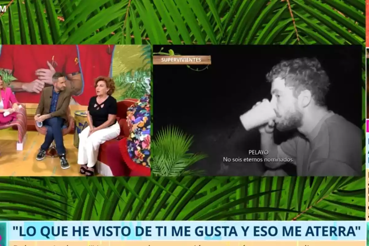 Un programa de televisión muestra a varios presentadores conversando en un set colorido, mientras en una pantalla se ve a un participante de un reality show bebiendo de un vaso. Un programa de televisión muestra a varios presentadores conversando en un set colorido, mientras en una pantalla se ve a un participante de un reality show bebiendo de un vaso.