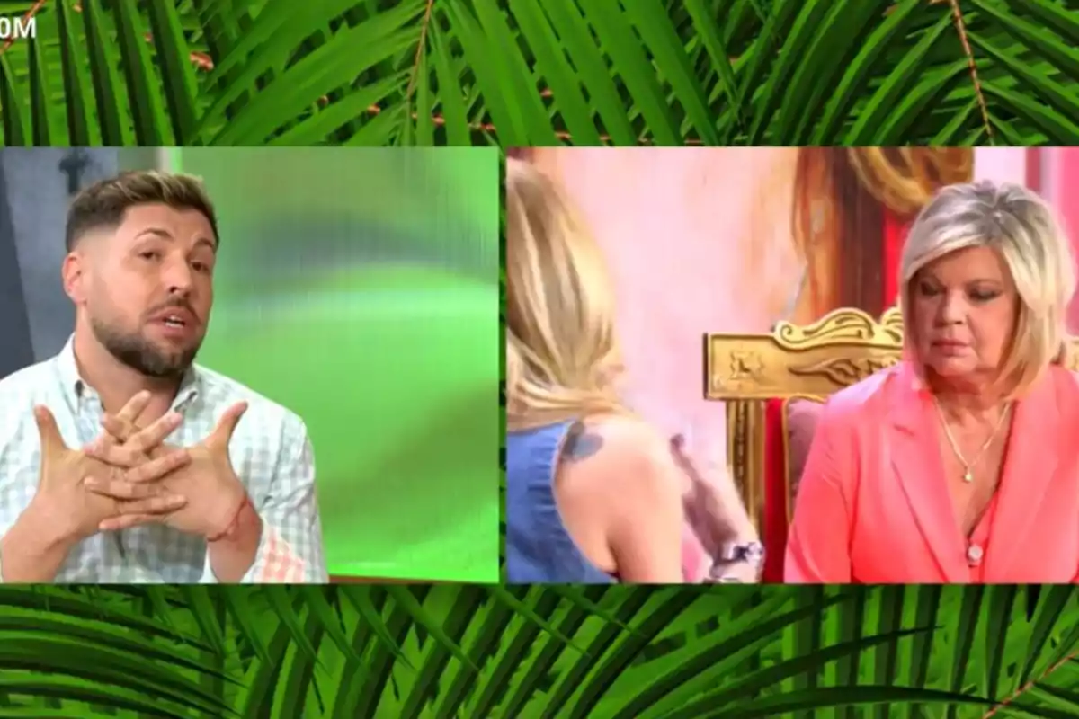 Kike Quintana con barba y camisa de cuadros habla gesticulando con las manos mientras en otra pantalla Terelu Campos y Belén Rodríguez conversan, una de ellas con chaqueta rosa y expresión seria, todo enmarcado por hojas verdes Kike Quintana con barba y camisa de cuadros habla gesticulando con las manos mientras en otra pantalla Terelu Campos y Belén Rodríguez conversan, una de ellas con chaqueta rosa y expresión seria, todo enmarcado por hojas verdes