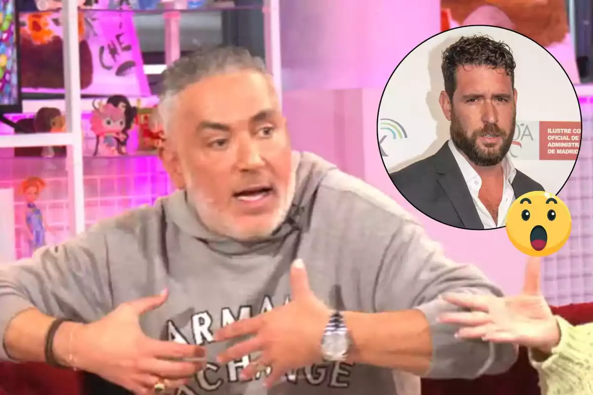 Kiko Hernández con sudadera gris gesticula mientras habla en un programa de televisión, con una imagen insertada de Fran Antón con barba y traje, junto a un emoji sorprendido.