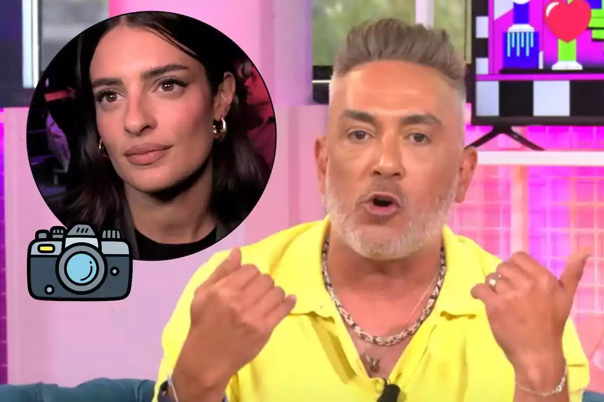 Kiko Hernández de cabello corto y barba canosa con camisa amarilla hablando en un set de televisión, con la imagen de Susana Molina de cabello oscuro y expresión seria en un círculo sobrepuesto y un ícono de cámara fotográfica.