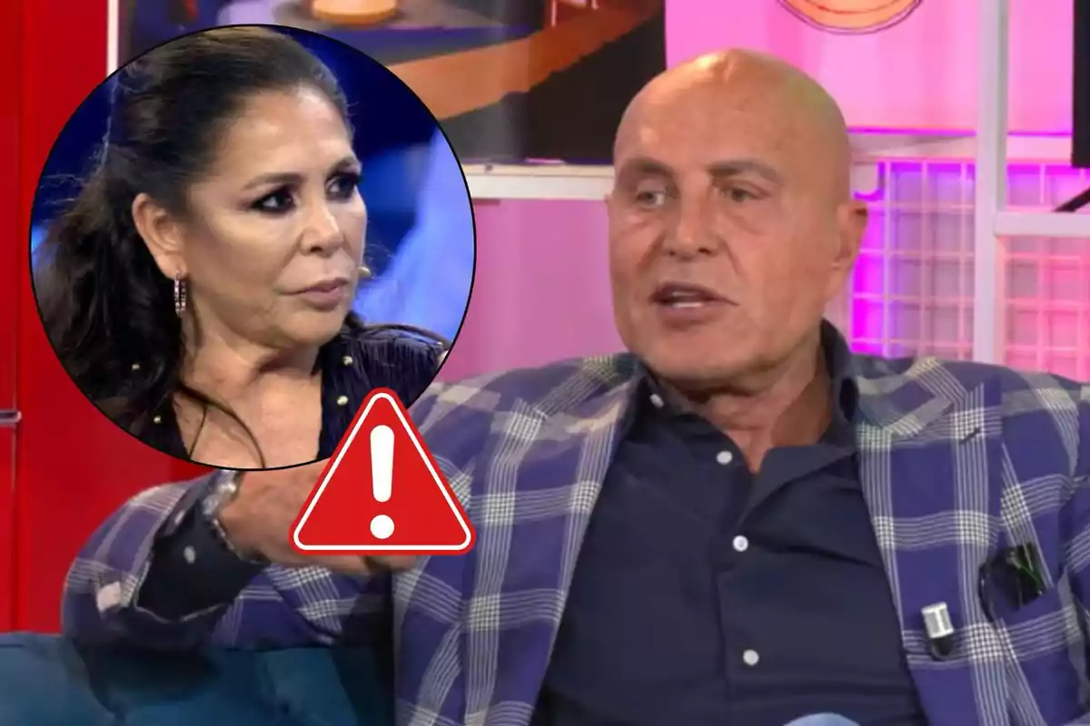 A bald man in a checkered jacket speaks on a television set while a circular image of a woman appears overlaid with a warning icon.