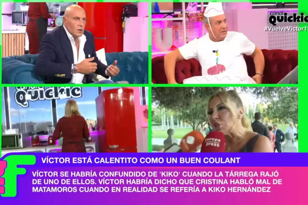The image shows a collage of 'Ni que fuéramos' with several people in different situations, including Kiko Matamoros, Cristina Tárrega, Víctor Sandoval i Belén Esteban, joined by a text that mentions a confusion between two people called Kiko. The image shows a collage of 'Ni que fuéramos' with several people in different situations, including Kiko Matamoros, Cristina Tárrega, Víctor Sandoval i Belén Esteban, joined by a text that mentions a confusion between two people called Kiko.