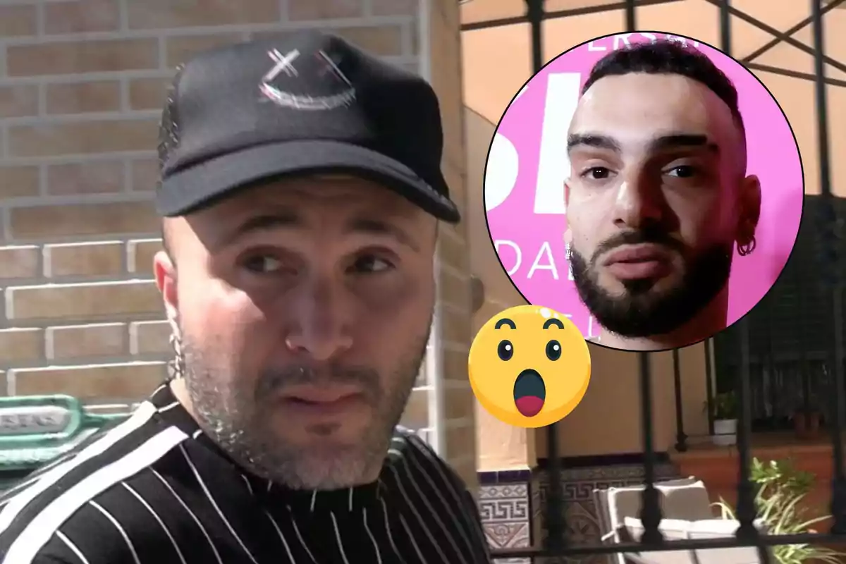 Kiko Rivera con gorra negra y camiseta de rayas aparece en primer plano, mientras que en un círculo superpuesto se muestra el rostro de Manuel Cortés con barba y fondo rosa, junto a un emoji sorprendido.