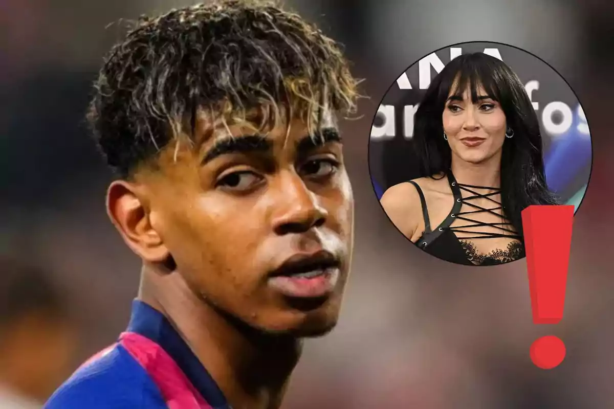 Lamine Yamal con expresión seria en primer plano y un círculo con la imagen de Aitana de cabello oscuro y un signo de exclamación rojo sobre fondo difuminado