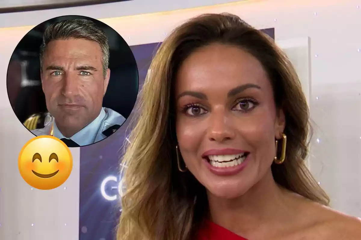 Lara Álvarez sonriente en primer plano con Perico Durán en uniforme dentro de un círculo y un emoji sonriente amarillo