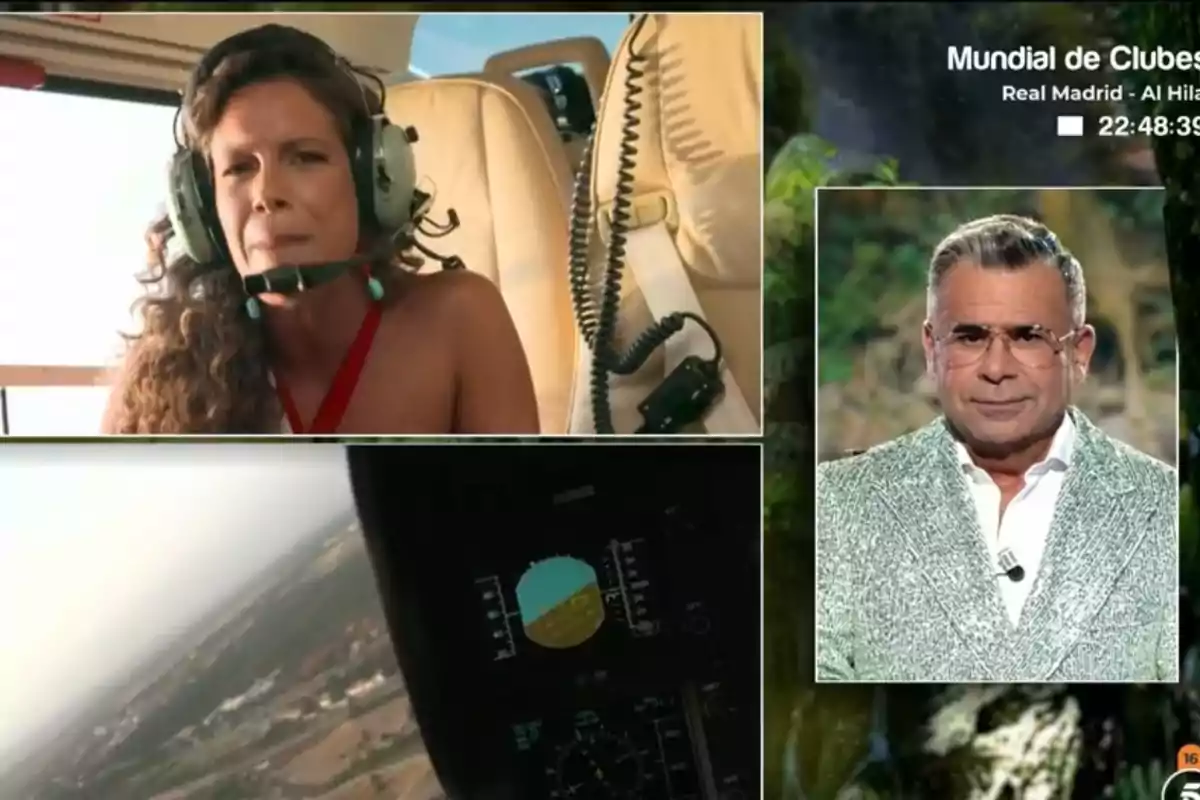 Laura Madrueño con auriculares dentro de un helicóptero aparece en una videollamada junto a Jorge Javier Vázquez con gafas y chaqueta clara en un estudio de televisión Laura Madrueño con auriculares dentro de un helicóptero aparece en una videollamada junto a Jorge Javier Vázquez con gafas y chaqueta clara en un estudio de televisión