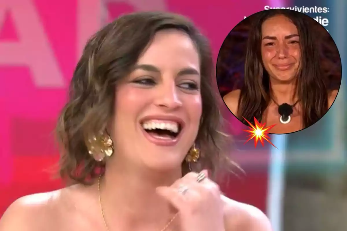 Leticia Requejo sonriente en un programa de televisión con un recuadro que muestra a Anita Williams llorando.