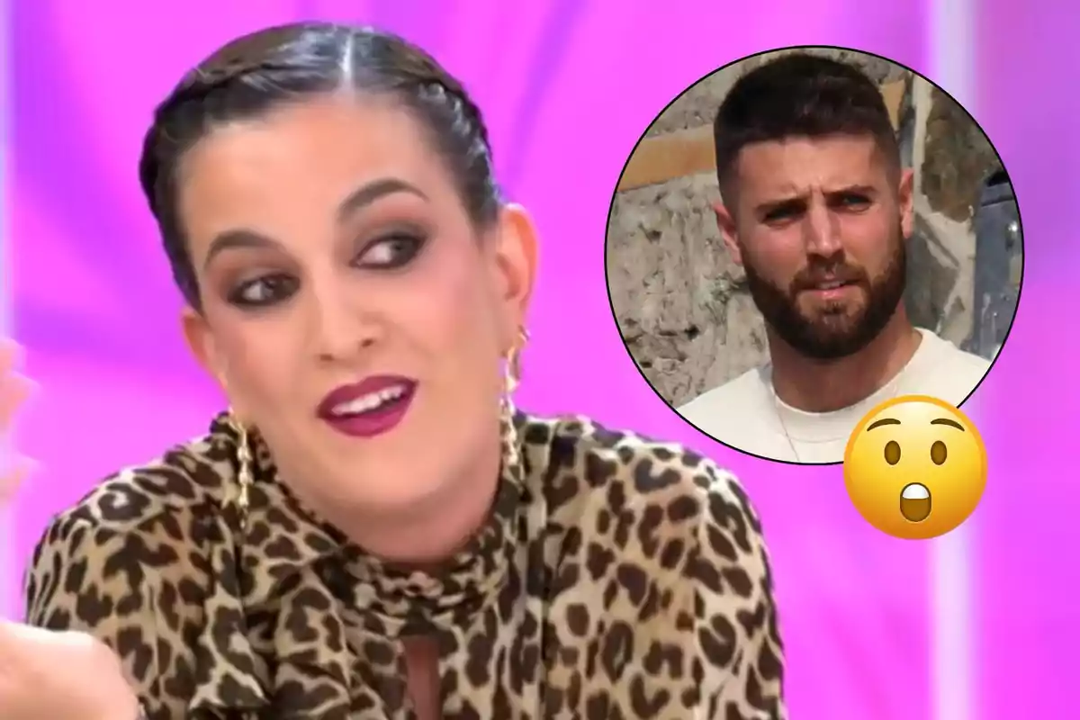 Leticia Requejo con maquillaje llamativo y peinado recogido está hablando en un programa de televisión con fondo rosa, mientras que en un círculo aparece la imagen de David Rodríguez con barba y expresión seria junto a un emoji sorprendido.