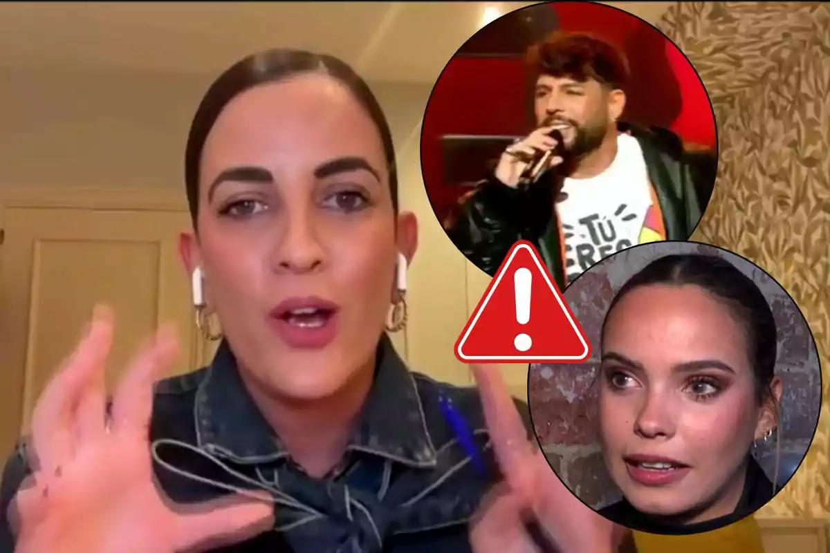 Leticia Requejo hablando frente a la cámara con auriculares, dos imágenes circulares superpuestas en la esquina superior derecha mostrando a Álvaro García cantando y a Gloria Camila, con un icono de advertencia rojo entre ellas.