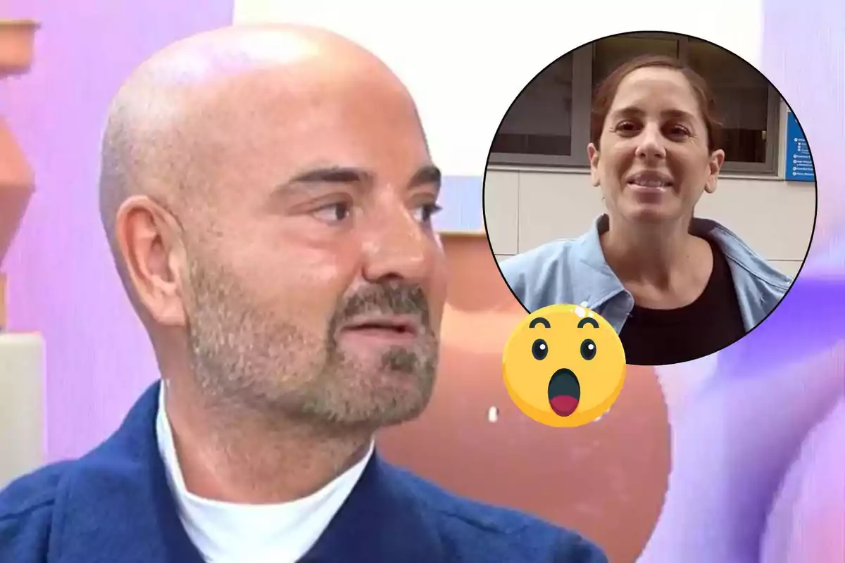 Luis Pliego con barba mira hacia un círculo que contiene la imagen de Anabel Pantoja sonriendo, con un emoji sorprendido superpuesto.