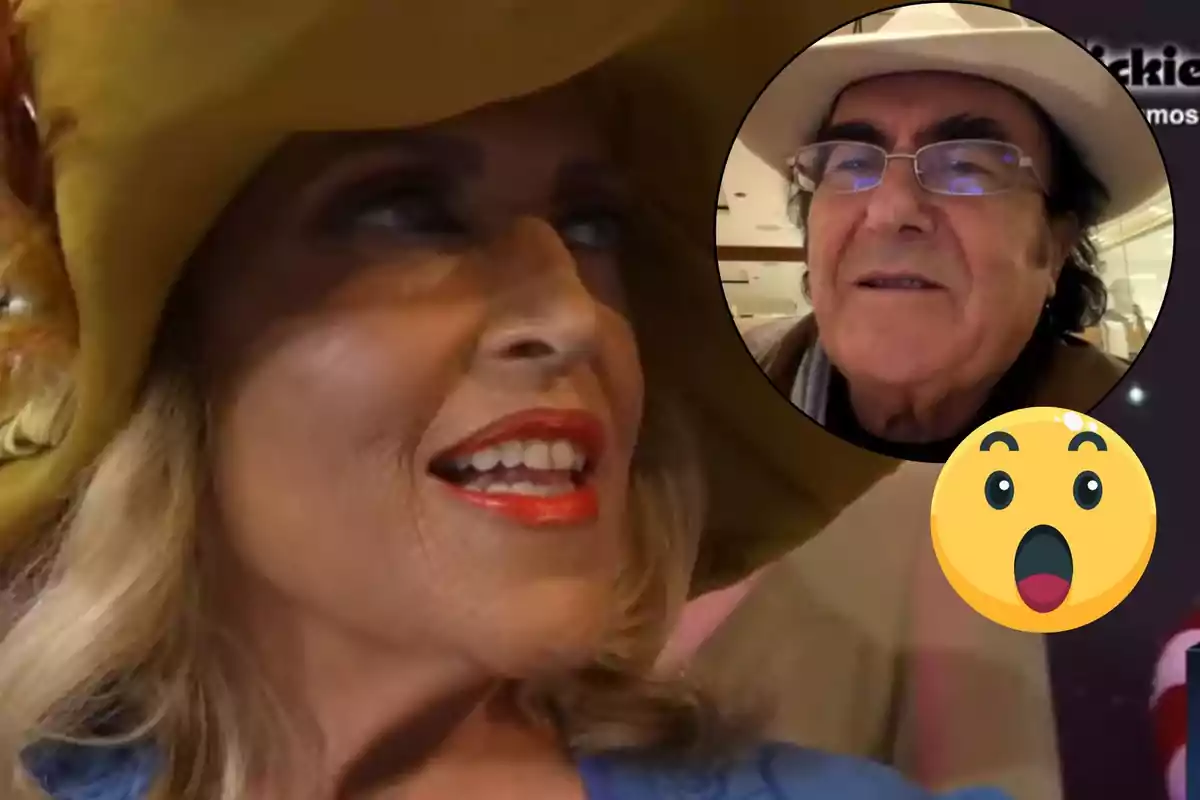 Lydia Lozano con sombrero amarillo sonriendo y Al Bano con sombrero blanco en un círculo superpuesto junto a un emoji sorprendido.