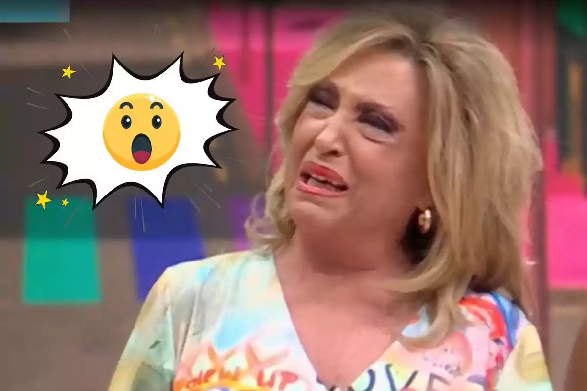 Lydia Lozano con expresión de sorpresa o disgusto junto a un emoji sorprendido en un entorno colorido.