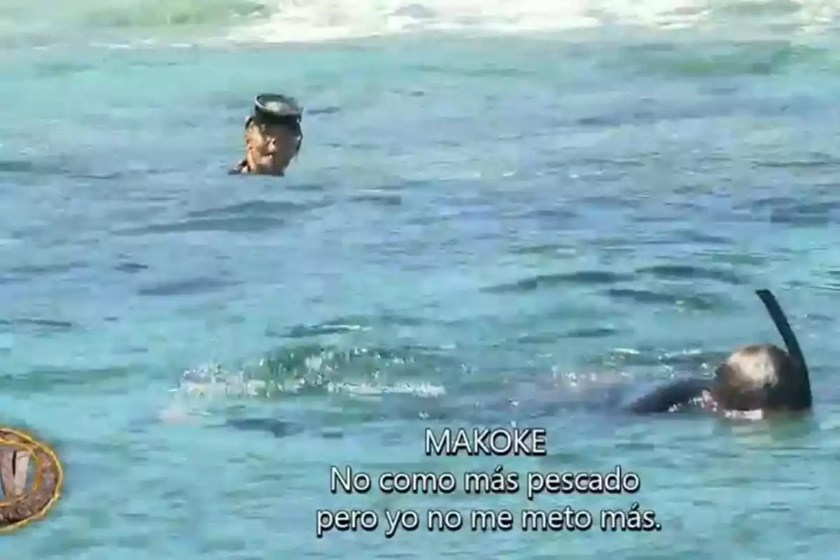 Makoke y Damián nadan en el mar con equipo de snorkel y hay un texto en pantalla que dice MAKOKE No como más pescado pero yo no me meto más Makoke y Damián nadan en el mar con equipo de snorkel y hay un texto en pantalla que dice MAKOKE No como más pescado pero yo no me meto más