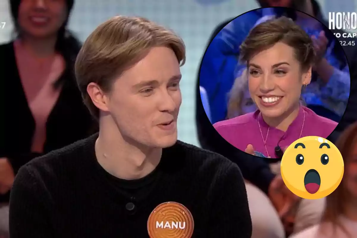 A man with a tag that says "Manu" is on a TV show, while a smiling woman appears in a circular box in the upper right corner next to a surprised emoji.