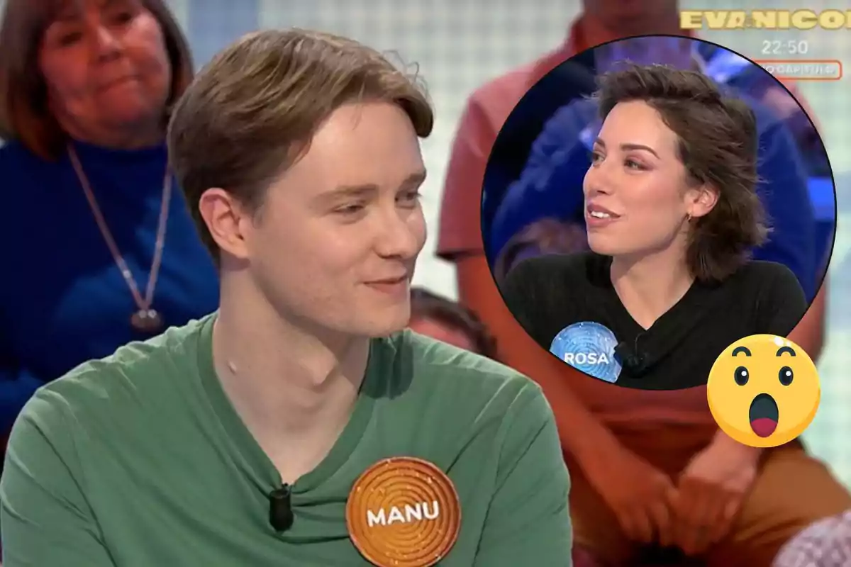 Manu con camiseta verde y Rosa en un recuadro circular, ambos con etiquetas de nombre, en un programa de televisión con público de fondo y un emoji sorprendido en la esquina.
