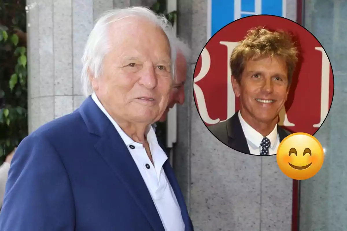 Manuel Benítez mayor con cabello blanco y chaqueta azul está de pie al aire libre; hay un recuadro con la imagen de Manuel Díaz ‘El Cordobés’ sonriendo y un emoji sonriente.
