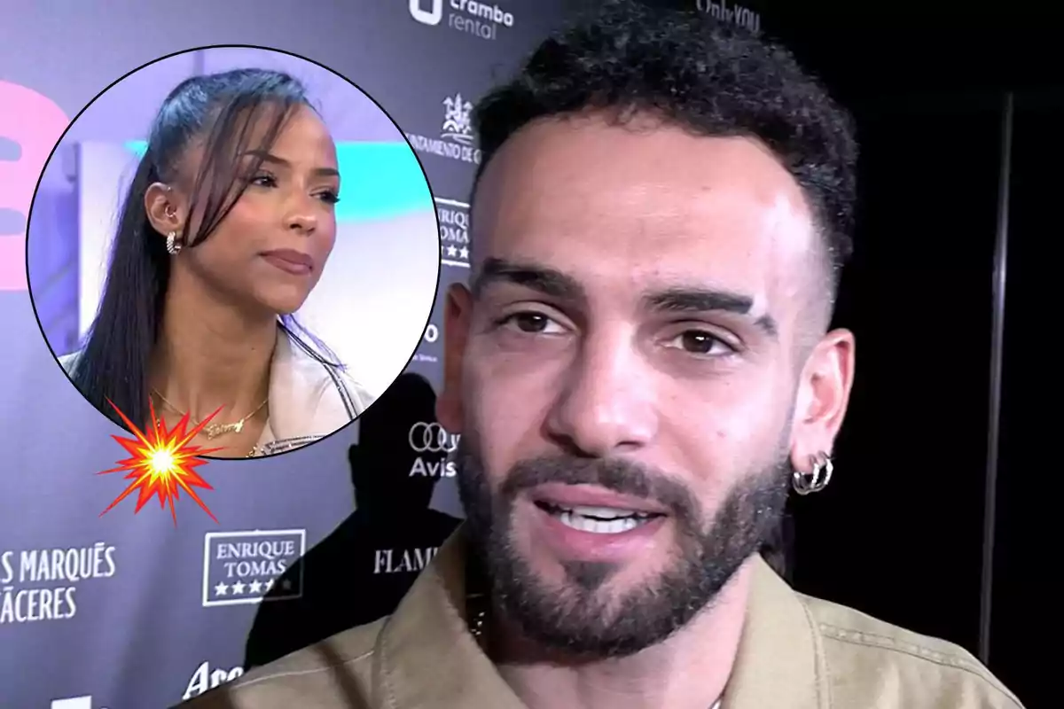 Manuel Cortés con barba y aretes está en un evento con un fondo de logotipos y hay un círculo que muestra a Jeimy Báez con cabello largo y liso.