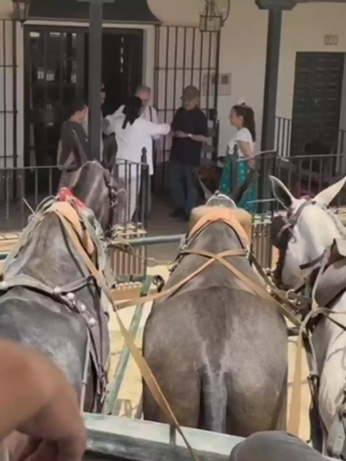 Dos caballos tiran de un carruaje mientras varias personas conversan en la entrada de una casa Dos caballos tiran de un carruaje mientras varias personas conversan en la entrada de una casa