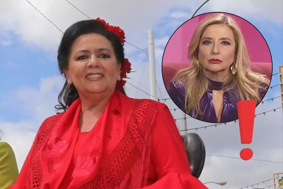 María del Monte vestida de rojo sonríe al aire libre mientras Inmaculada Casal aparece en un círculo con un signo de exclamación rojo.