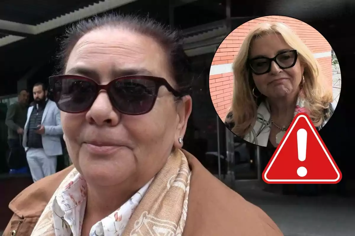 María del Monte con gafas de sol y chaqueta marrón está en primer plano mientras que en un círculo superpuesto aparece Inmaculada Casal rubia con gafas negras y un icono de advertencia.