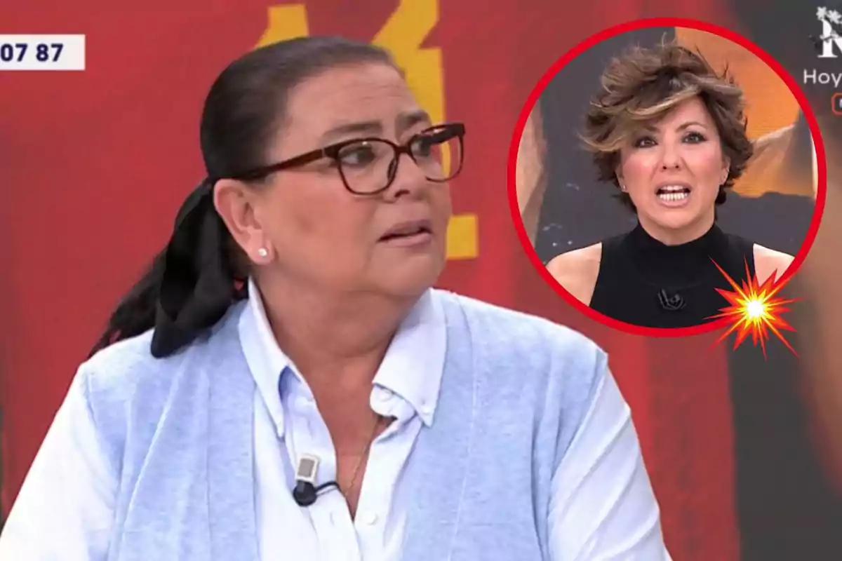 A woman with glasses and her hair up is on a television show, while another woman with an intense expression appears in a red circle.