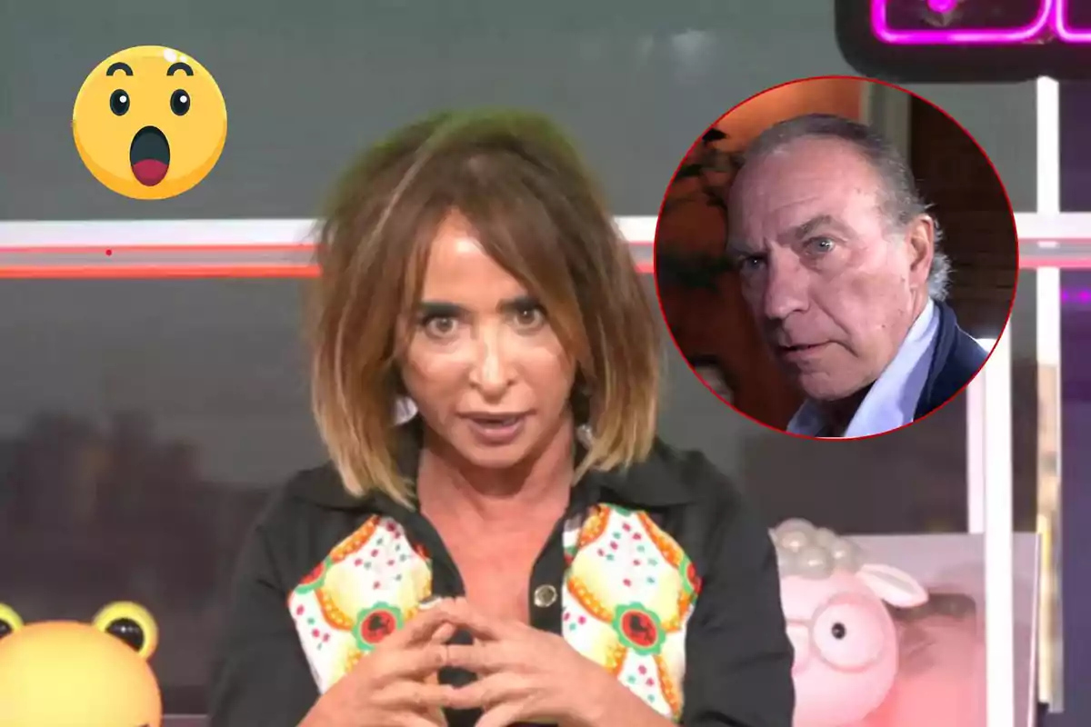 María Patiño con expresión seria en un estudio de televisión con un emoji sorprendido y Bertín Osborne en un círculo rojo en la esquina superior derecha.