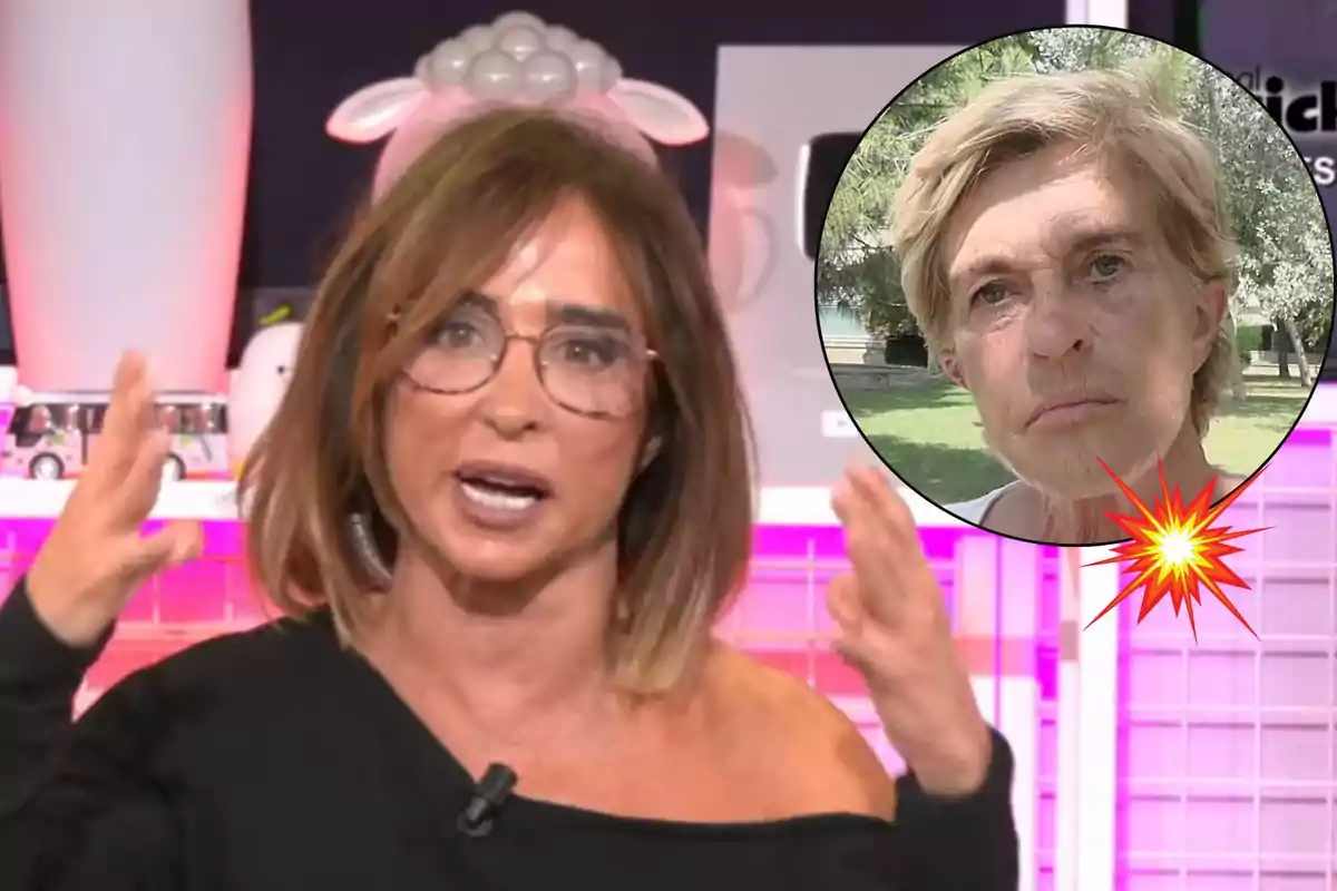 María Patiño con gafas y cabello castaño habla en un set de televisión, mientras en un círculo se muestra el rostro de Chelo García-Cortés con cabello corto y rubio en un entorno al aire libre.