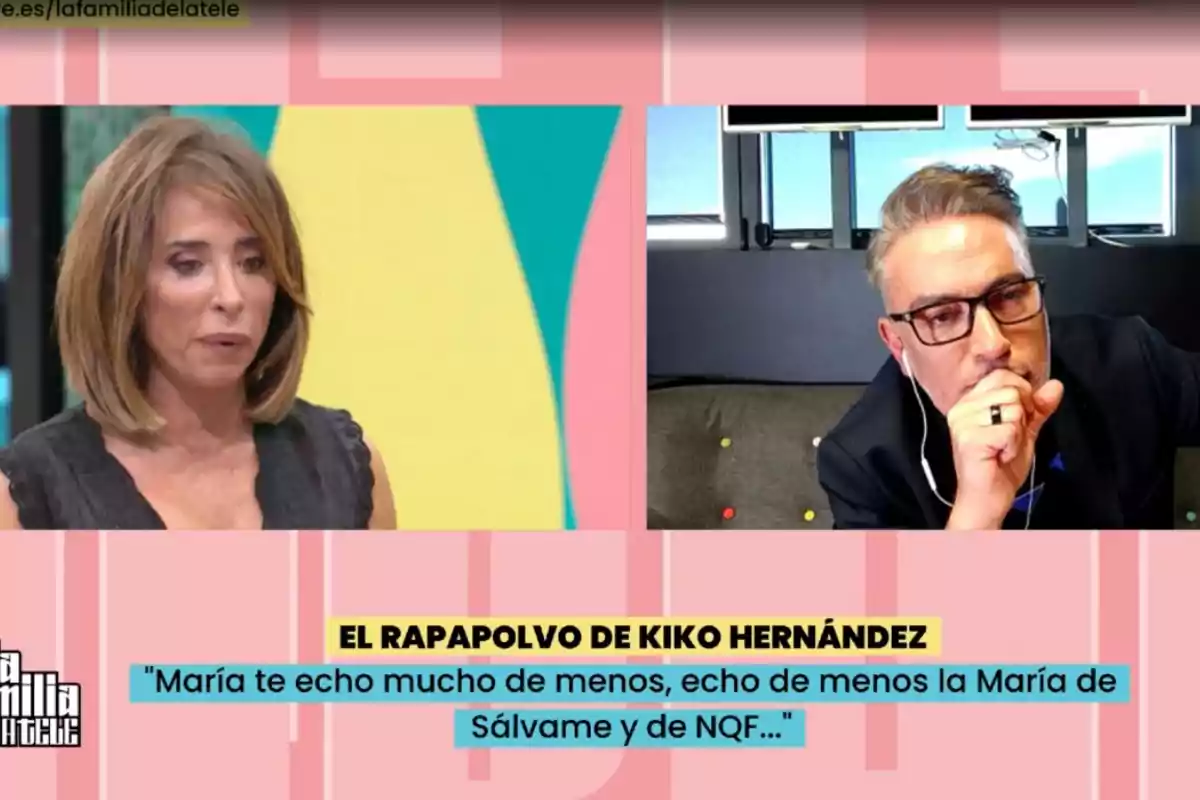 María Patiño y Kiko Hernández participan en una videollamada en un programa de televisión, con un fondo colorido y un texto que menciona un mensaje emotivo. María Patiño y Kiko Hernández participan en una videollamada en un programa de televisión, con un fondo colorido y un texto que menciona un mensaje emotivo.