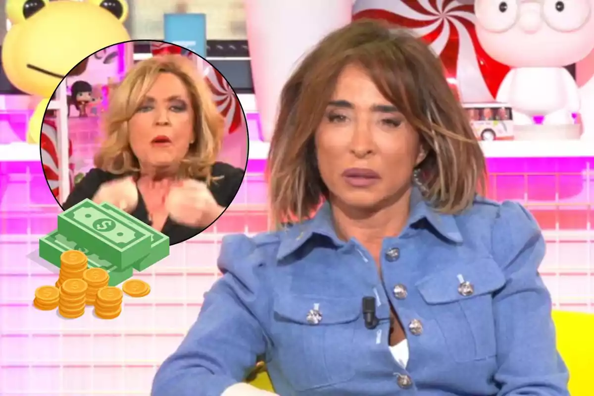 María Patiño y Lydia Lozano en un set de televisión con un gráfico de dinero en la esquina.