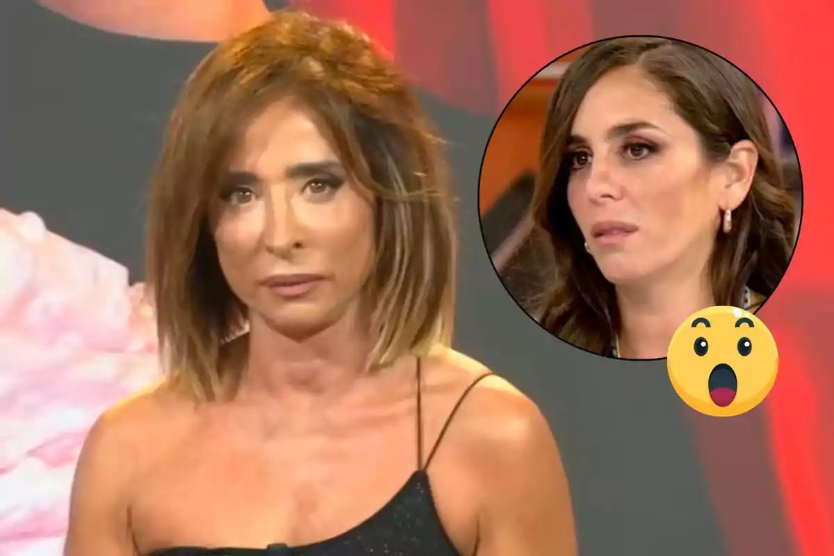 A woman with brown hair and a serious expression on a TV show, with an inset showing another woman with a surprised expression and a surprised face emoji.