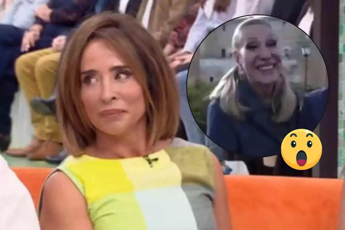 María Patiño con cabello castaño y expresión pensativa está sentada en un sofá naranja mientras en un recuadro aparece Rosa Benito rubia sonriendo y un emoji sorprendido.